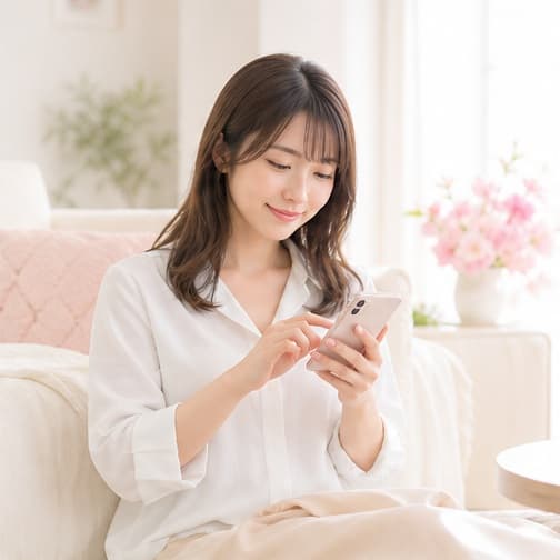 在宅でスマホを見る女性